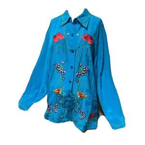 Diane von Furstenberg Blouse Womens med Blue Aqua Embroidered Silk Top Vintage